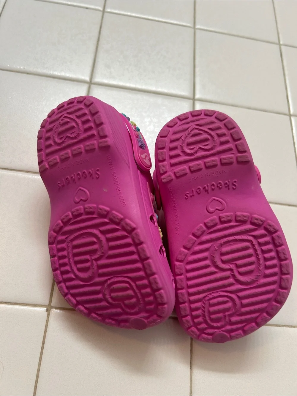 Skechers Bright Pink Kids Unicorn Clog Sandals with Rainbow Hearts - light up
